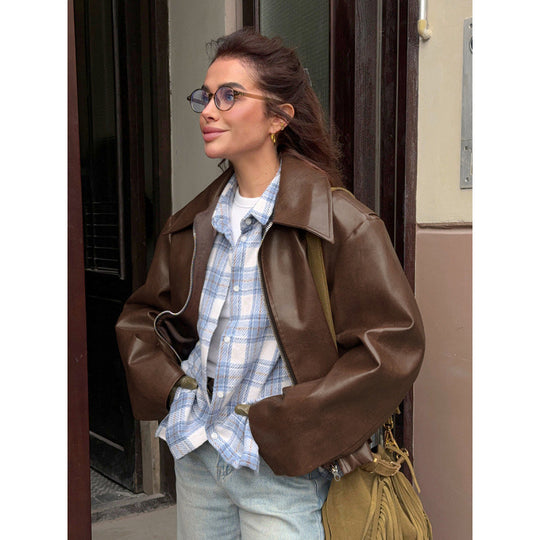 Damen Kunstlederjacke mit Oversized-Schnitt und klassischem Kragen EB