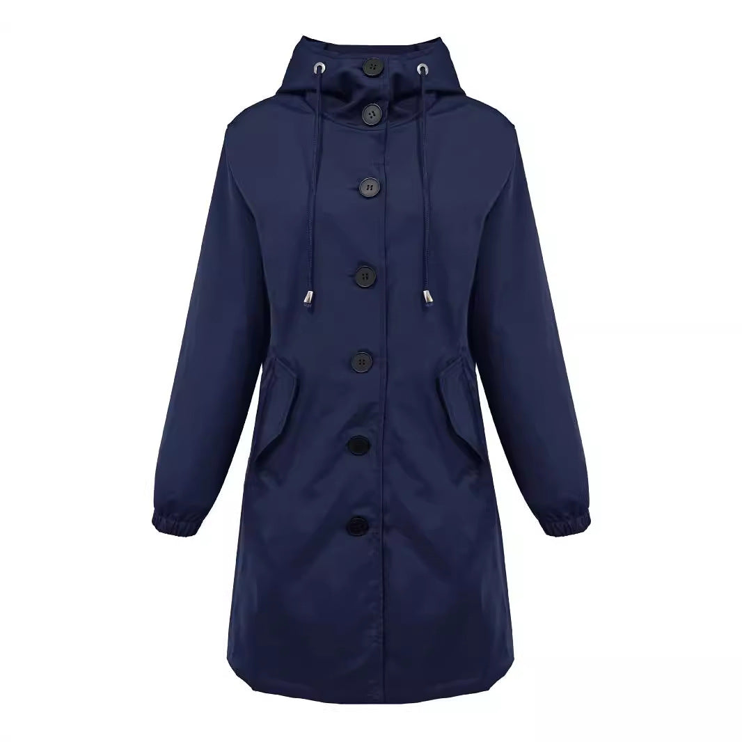 Damen nan leichter Regenparka mit Kapuze, überlanger Knopfleiste, Tunnelzug und aufgesetzten Taschen EB