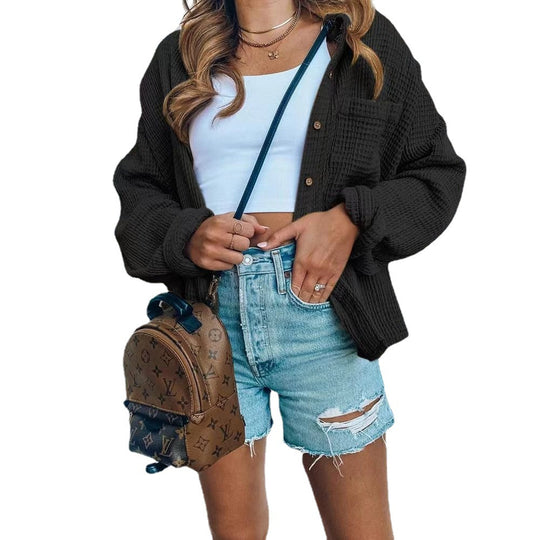 Damen lässige Waffelstruktur Bluse mit Knopfleiste und lockerer Passform EB