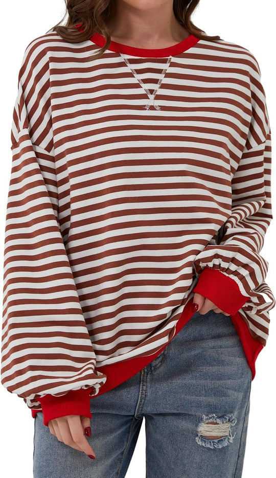 Damen lässiger Oversized Sweatshirt mit bunten Streifen und Kapuzenkordel EB