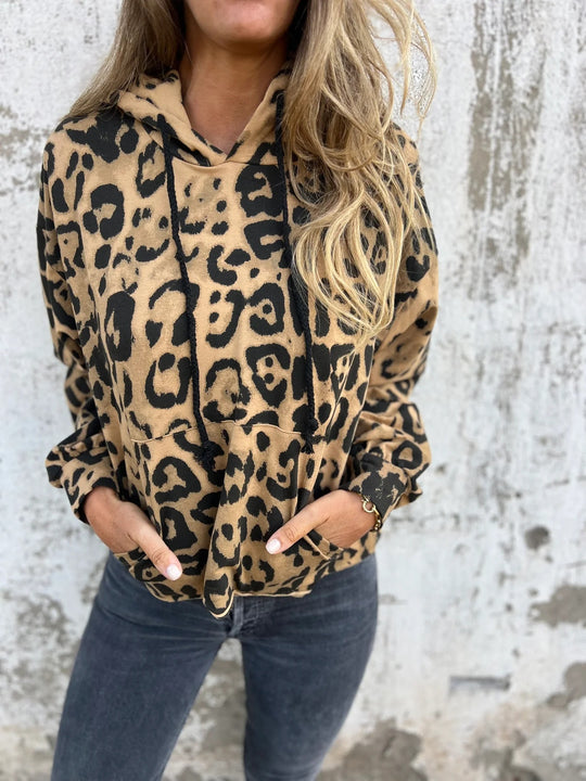 Damen Kapuzenpullover mit lässigem Leopardenmuster und praktischen Seitentaschen EB