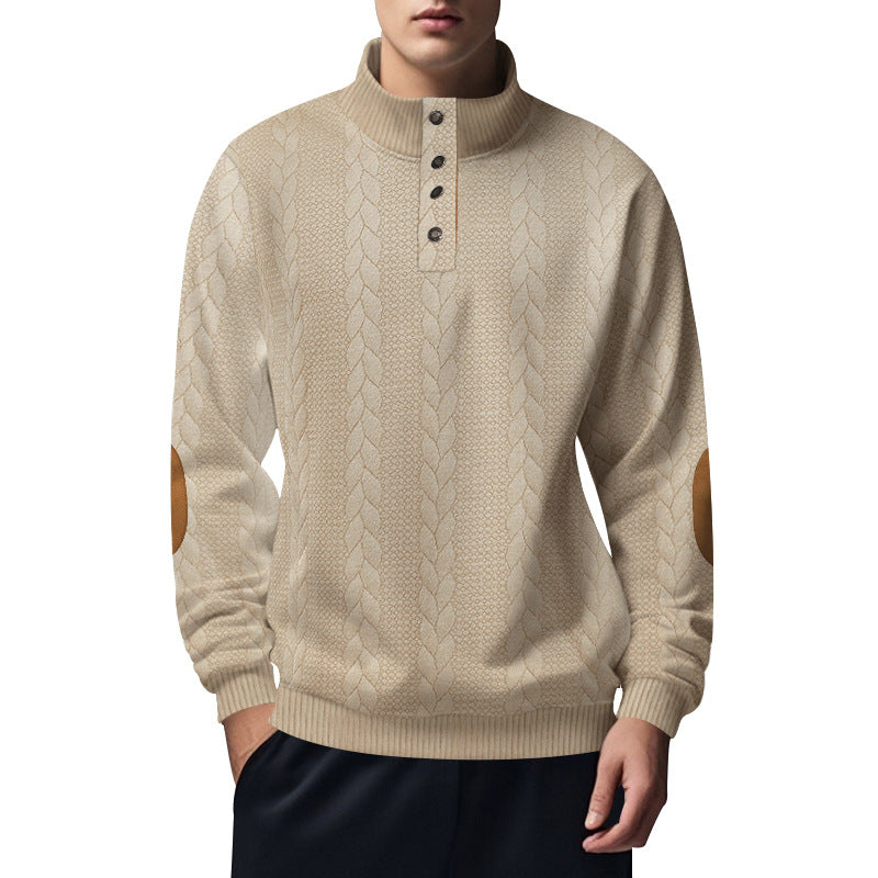 Herren nan strukturiertes Kabelstrick-Henley-Pullover mit Stehkragen und Ellbogenpatches EB