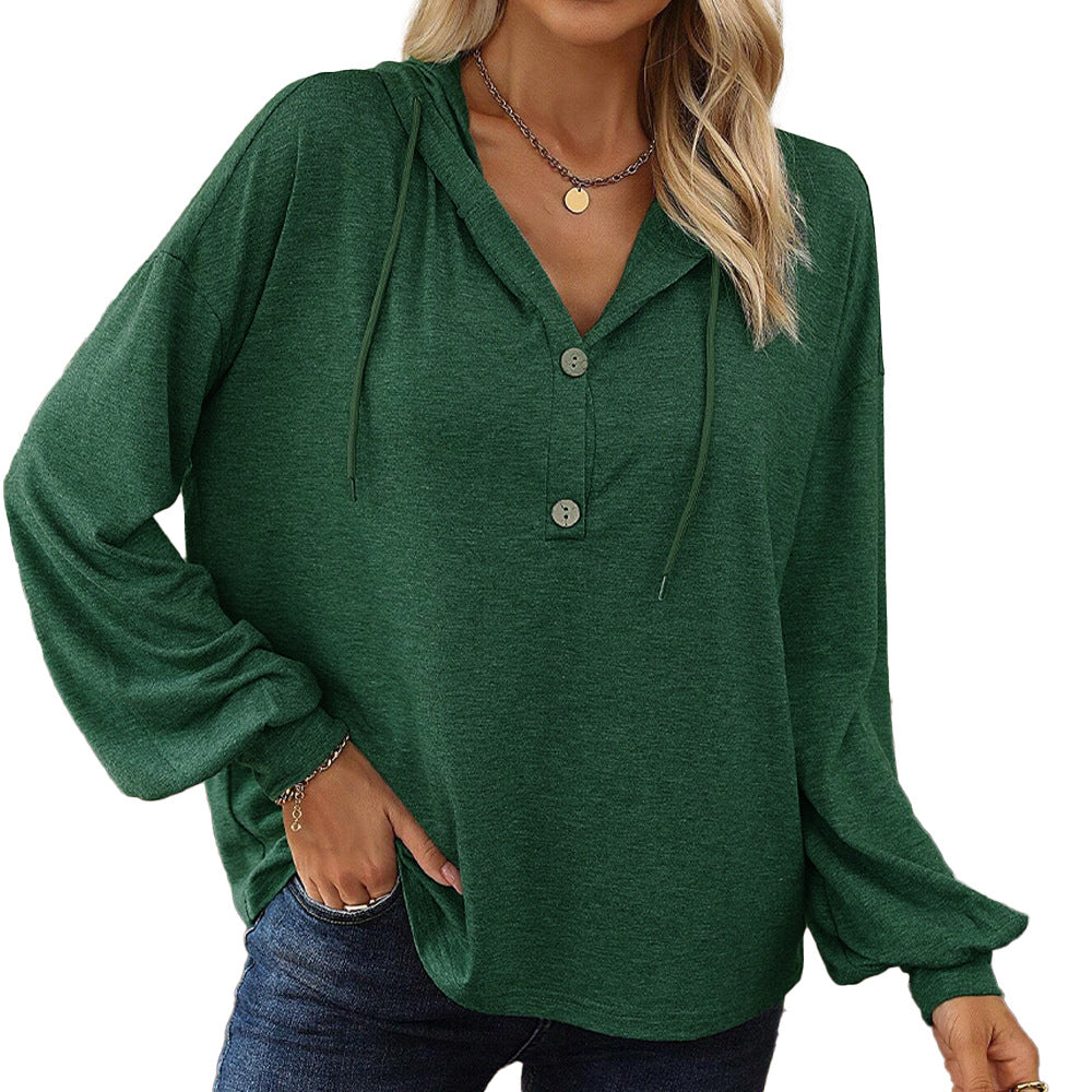 Damen lässiges Kapuzen-Longsleeve mit V‑Ausschnitt, Knopfleiste und gerafften Manschetten Eichborn Berlin