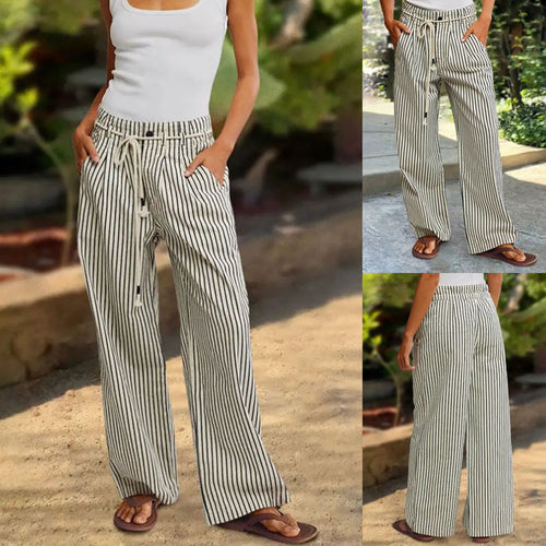 Damen Bequeme Strandhose mit lässigem Streifenmuster und geflochtenem Bund EB