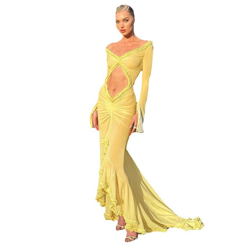 Damen Transparente Maxikleid mit eleganten Rüschendetails und figurbetontem Design EB