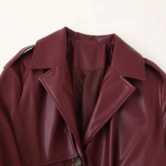 Damen eleganter Kunstleder-Trenchcoat mit Gürtel EB