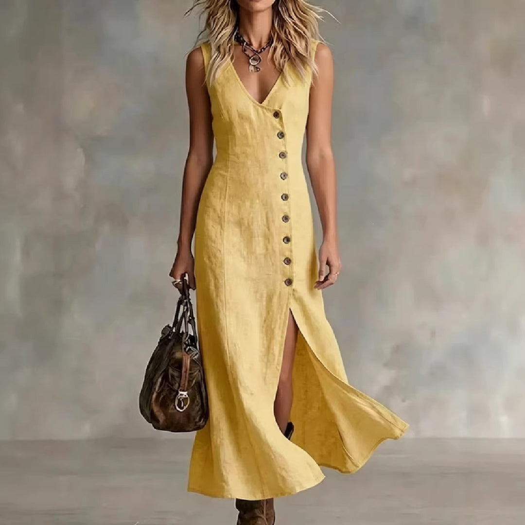 Damen Maxikleid mit elegantem V-Ausschnitt und seitlichem Schlitz EB