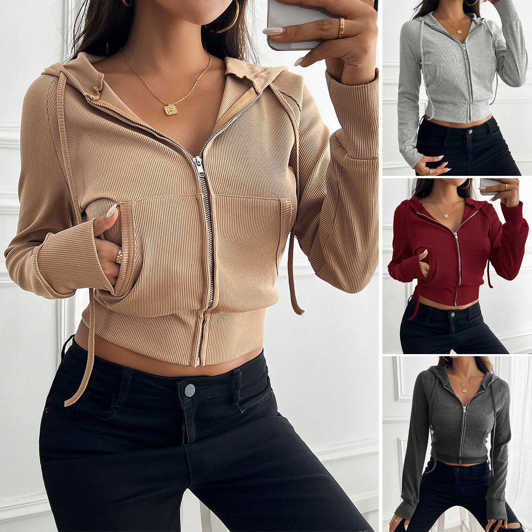 Damen nan schmal geschnittene Feinstrick-Hoodiejacke mit Metallzipper, Kängurutaschen und Daumenlochbündchen EB