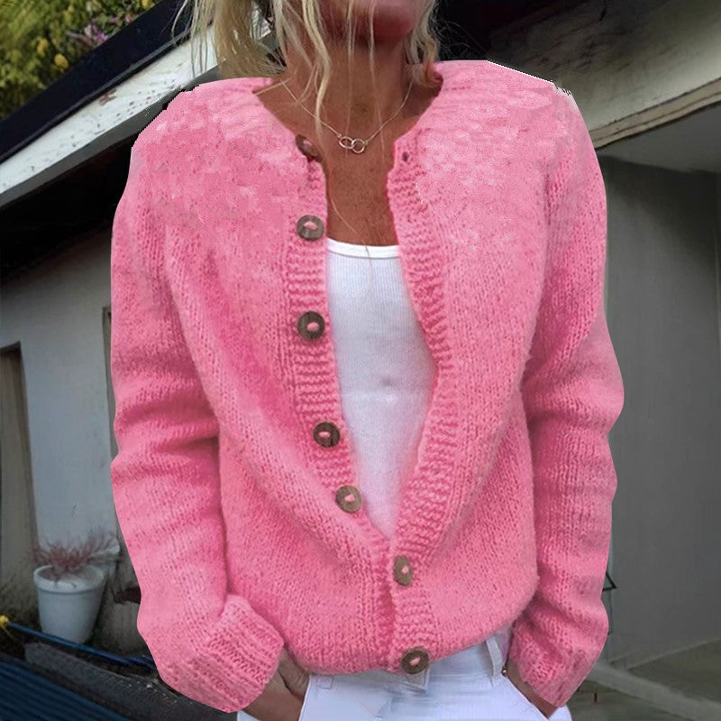 Damen nan kuscheliger Strickcardigan mit Zierholzknöpfen und Rundhalsausschnitt EB