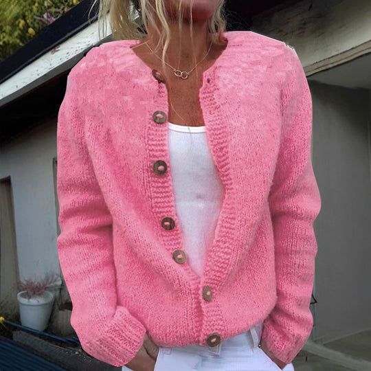 Damen nan kuscheliger Strickcardigan mit Zierholzknöpfen und Rundhalsausschnitt EB