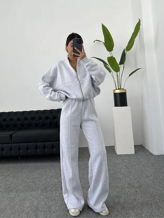 Damen nan Oversize Reißverschlussjacke mit weiter High-Waist Loungehose Set EB