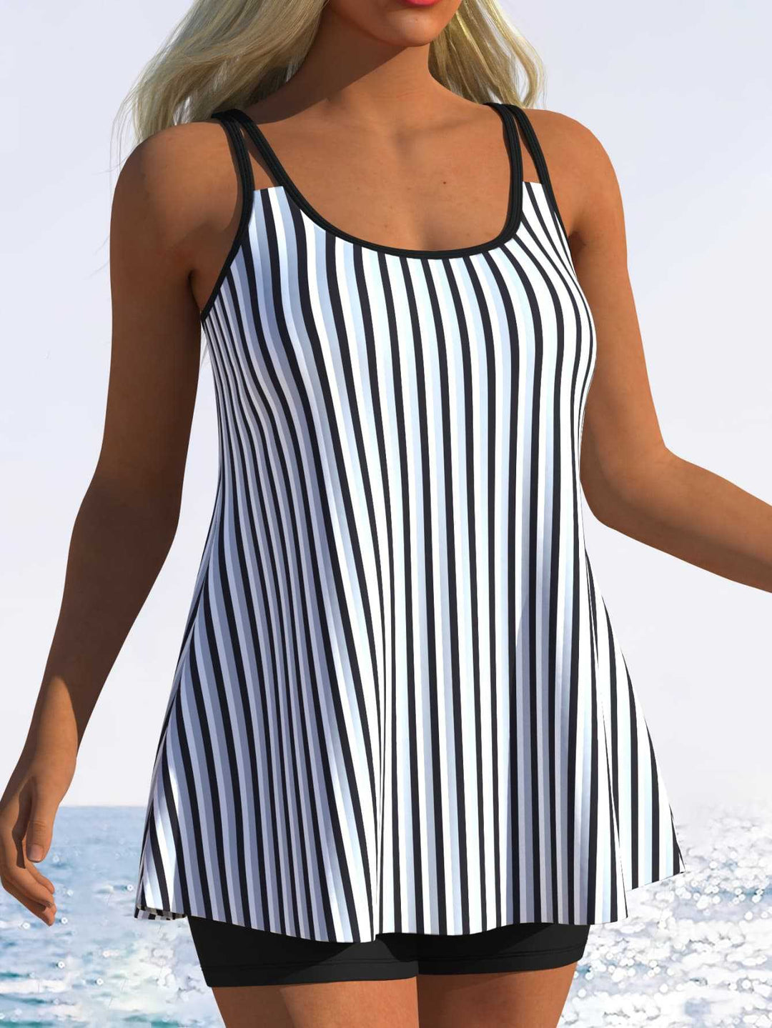 Damen Tankini mit verspieltem Streifenmuster und originellem Schnitt EB
