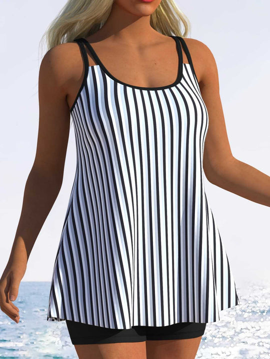 Damen Tankini mit verspieltem Streifenmuster und originellem Schnitt EB