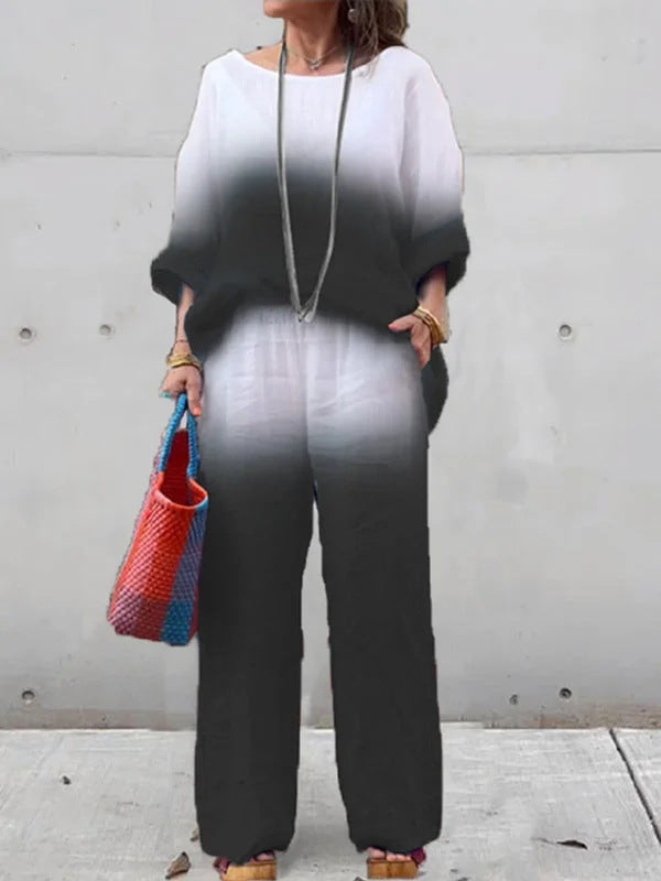 Damen lässiges Leinen-Outfit mit weiten Hosen und lockerer Bluse EB