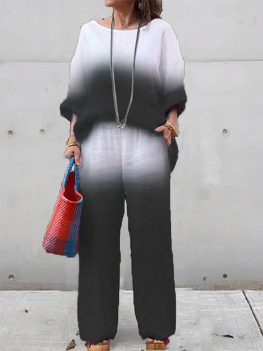 Damen lässiges Leinen-Outfit mit weiten Hosen und lockerer Bluse EB