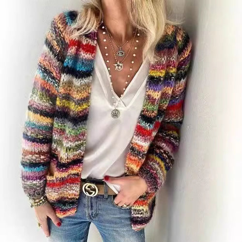 Damen Offen gestrickte Cardigan mit bunten Streifen und lässigem Schnitt EB