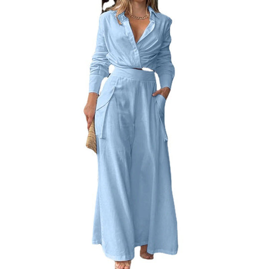 Damen Hochtaillierte weite Palazzo-Hose mit seitlicher Cargotasche und fließender Silhouette EB