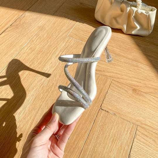 Damen elegante Sandalen mit funkelnden Strassverzierungen und transparentem Absatz EB