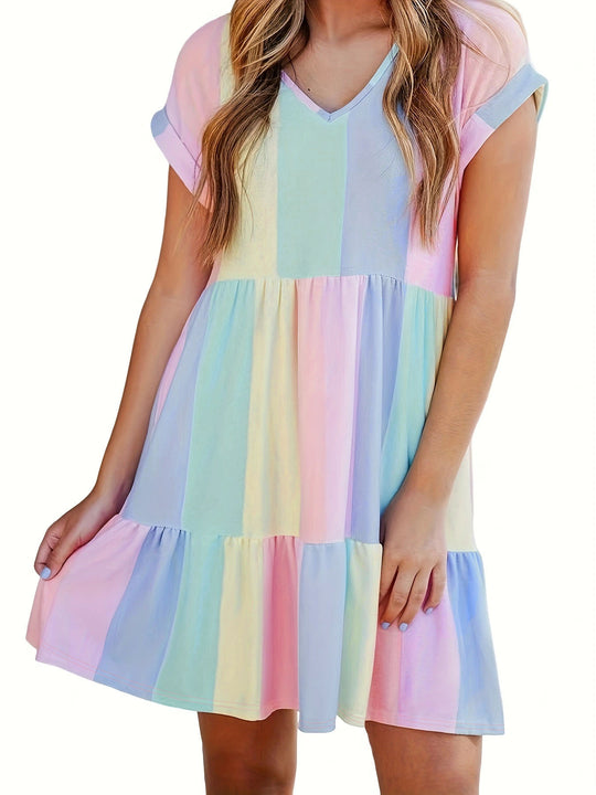 Damen lässiges Sommerkleid im modernen Streifendesign mit V-Ausschnitt und Volant EB