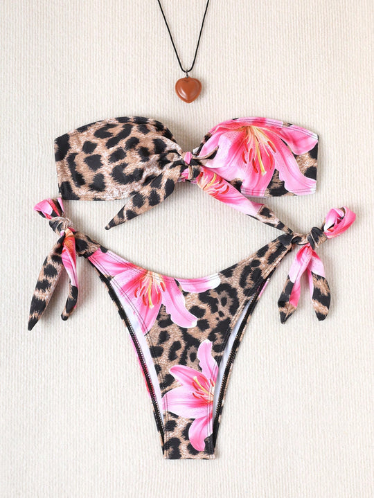 Damen Bikini-Set mit floralem Leopardenmuster und verstellbaren Trägern EB