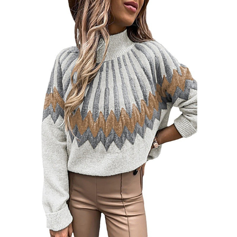 Damen Modischer Grobstrickpullover mit grafikintensivem Design und hohen Kragen EB