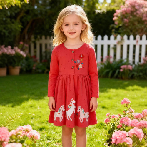 Mädchen Kleid mit bunten Einhorn- und Blumenstickereien EB