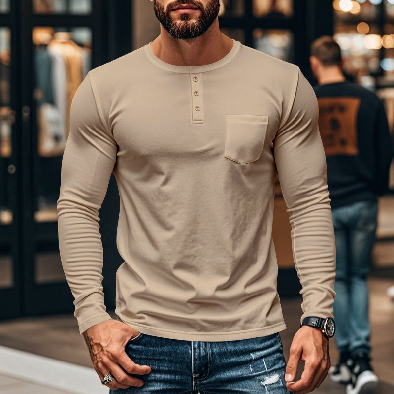 Herren nan schlankes Langarm-Buttonshirt mit kurzer Knopfleiste und Brusttasche EB