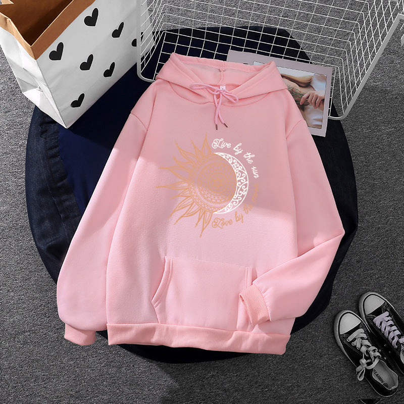 Damen nan Kapuzenpullover mit Sonn-und-Mond-Mandala, Kängurutasche und angerautem Fleece EB