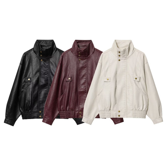 Damen lässige Kunstlederjacke mit hohem Kragen und Weitenregulierung EB