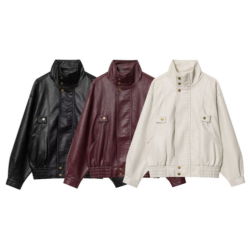 Damen lässige Kunstlederjacke mit hohem Kragen und Weitenregulierung EB