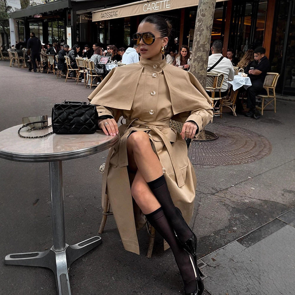 Damen eleganter Trenchcoat mit asymmetrischem Umhang EB