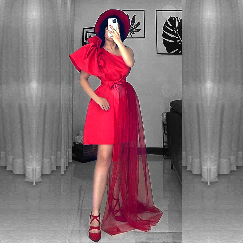 Damen asymmetrisches Cocktailkleid mit Volant und Taillenschnürung EB
