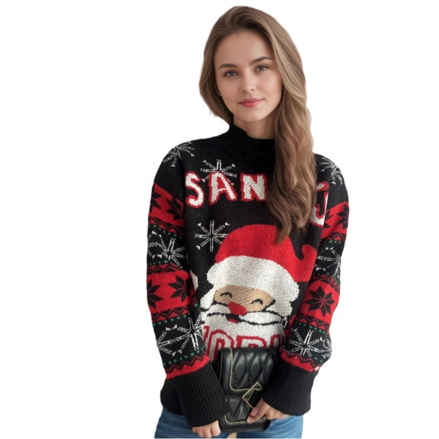 Damen weihnachtlicher Pullover mit festlichem Santa-Motiv und strukturiertem Design EB