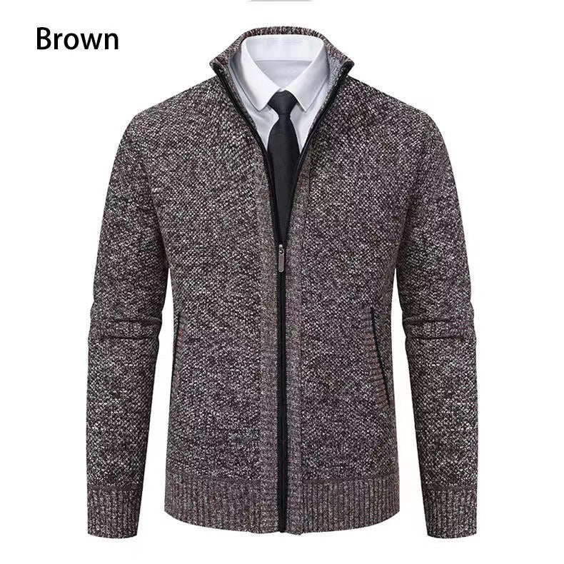 Herren nan melierte Strickzipjacke mit hohem Stehkragen, feiner Struktur und verdeckten Eingrifftaschen EB