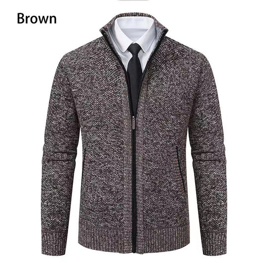 Herren nan melierte Strickzipjacke mit hohem Stehkragen, feiner Struktur und verdeckten Eingrifftaschen EB
