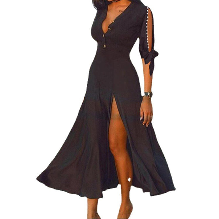 Damen Maxikleid mit elegantem V-Ausschnitt und hohem Schlitz Heidi-Mode