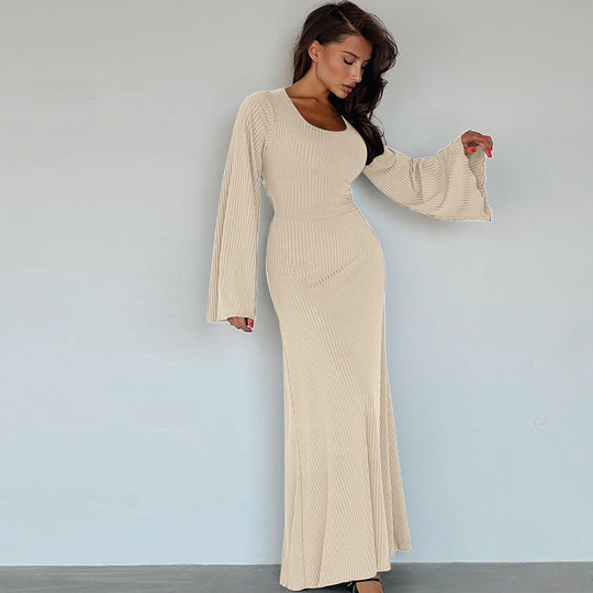 Damen Elegantes Maxikleid mit extra weitem Ärmel und trendiger Rippstruktur EB