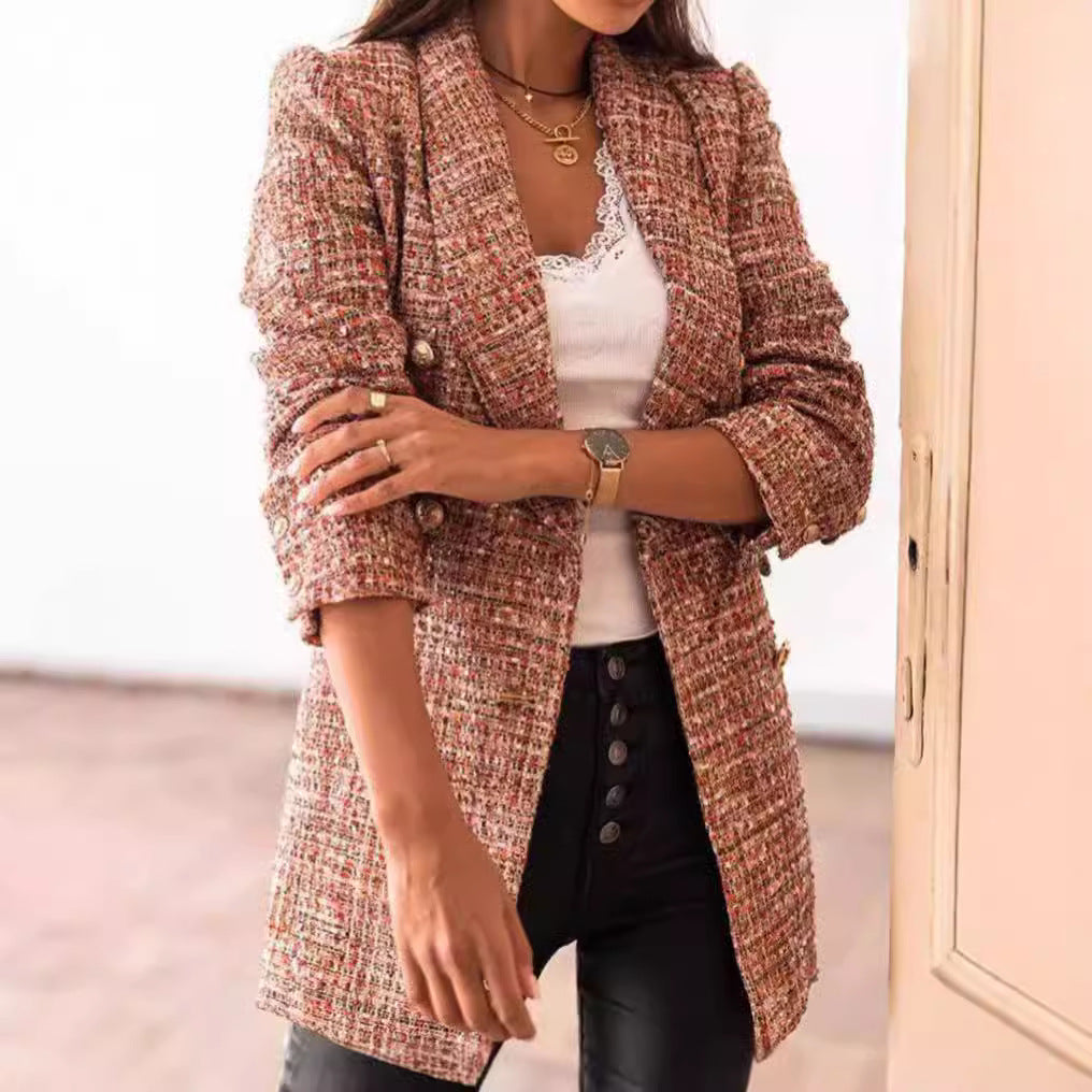 Damen nan taillierter kariert langer Blazer mit Doppelreiher und Schulterpolstern EB