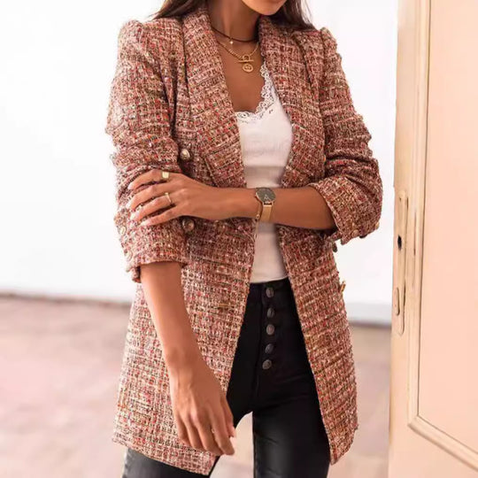 Damen nan taillierter kariert langer Blazer mit Doppelreiher und Schulterpolstern EB