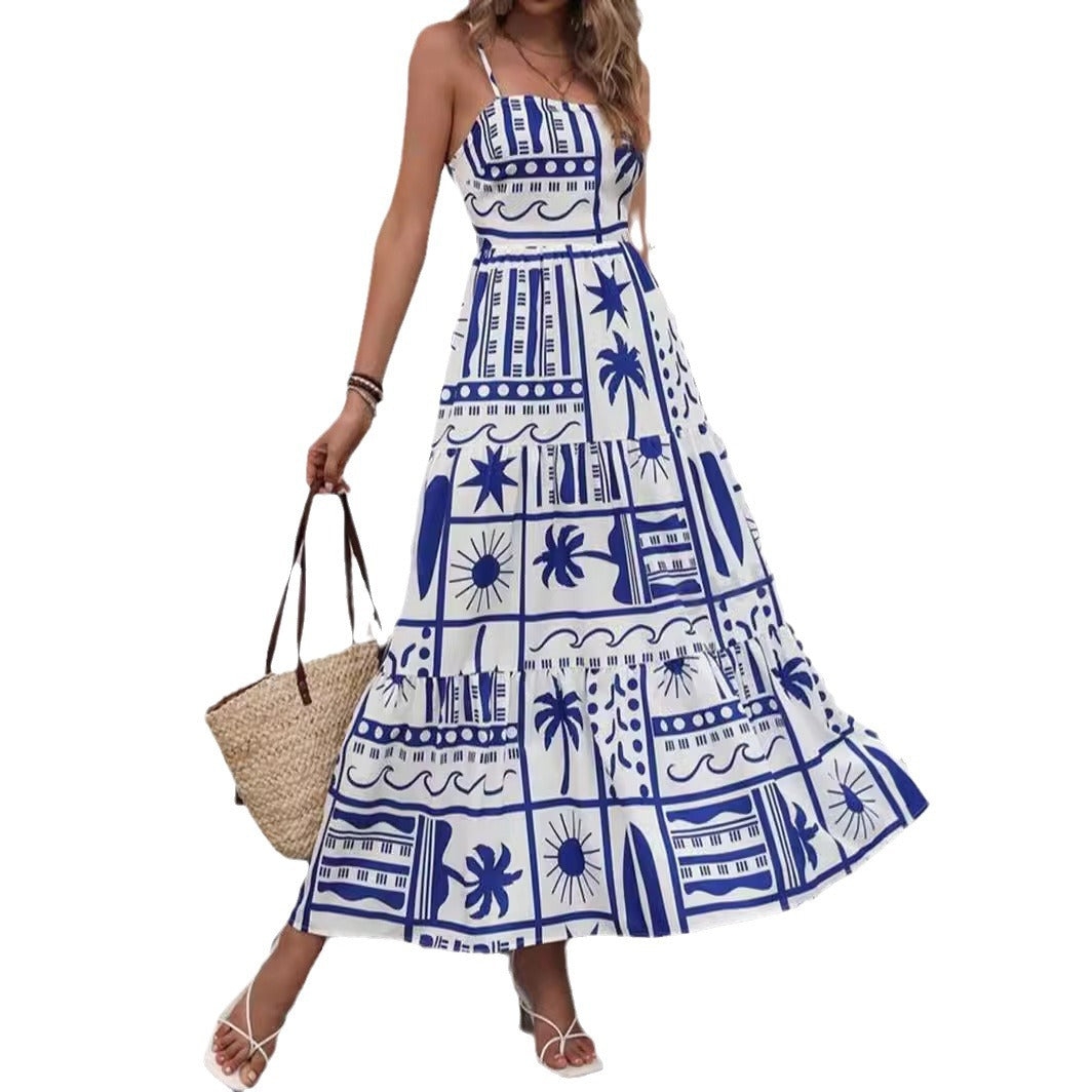 Damen Maxikleid mit angesagtem Grafikdruck und verstellbaren Spaghettiträgern EB