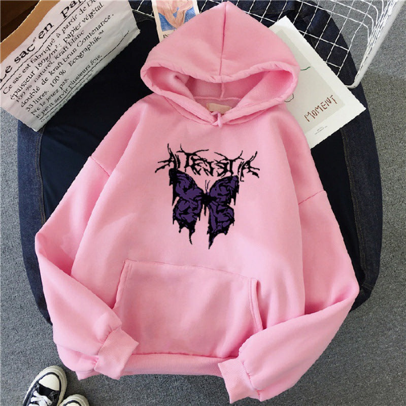 Damen nan Oversize-Kapuzenpullover mit gothischer Schmetterlings-Illustration und Kängurutasche EB
