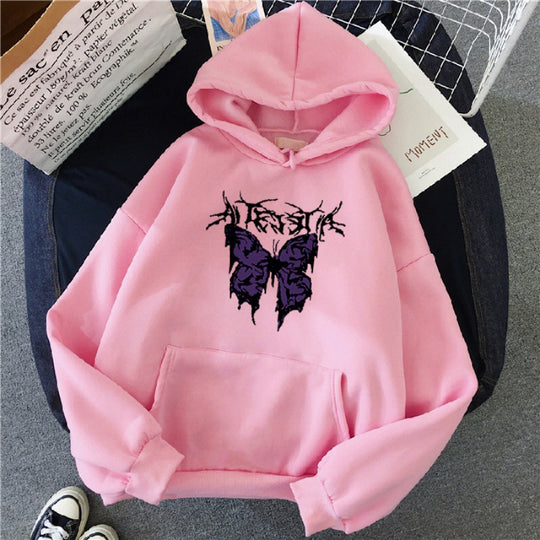 Damen nan Oversize-Kapuzenpullover mit gothischer Schmetterlings-Illustration und Kängurutasche EB