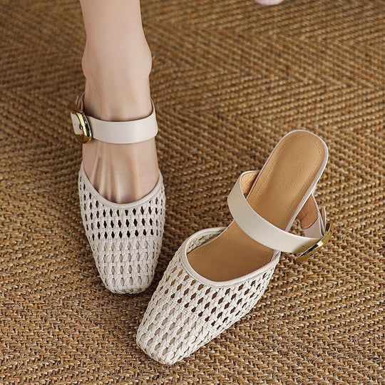 Damen elegante Mules mit modischem Geflecht und komfortablem Blockabsatz EB