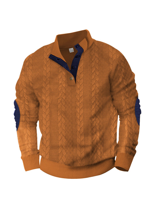Herren nan lässiger Zopfstrickpullover mit verstärkter Knopfleiste und Wildleder-Ellenbogenpatches EB