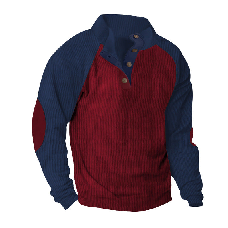 Herren nan strukturiertes Henley-Sweatshirt mit Stehkragen, Raglanärmeln und Ellbogenpatches EB