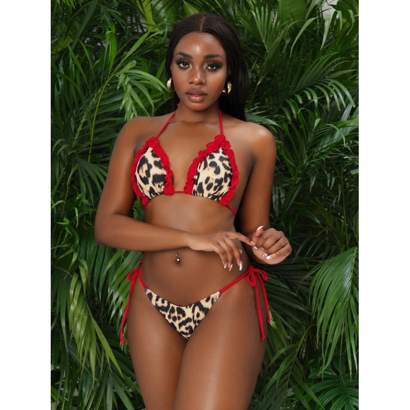 Damen Triangel-Bikini mit modischen Rüschendetails und aufregendem Tiermuster EB