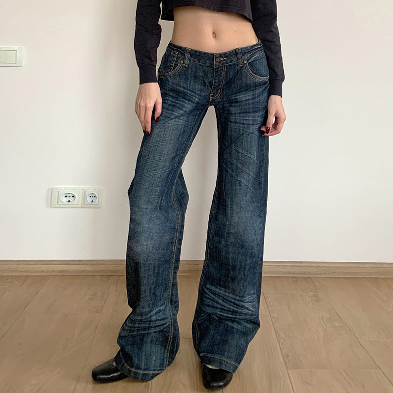 Damen Weite Jeans im Vintage-Stil mit hohem Bund und modischen Steppnähten EB