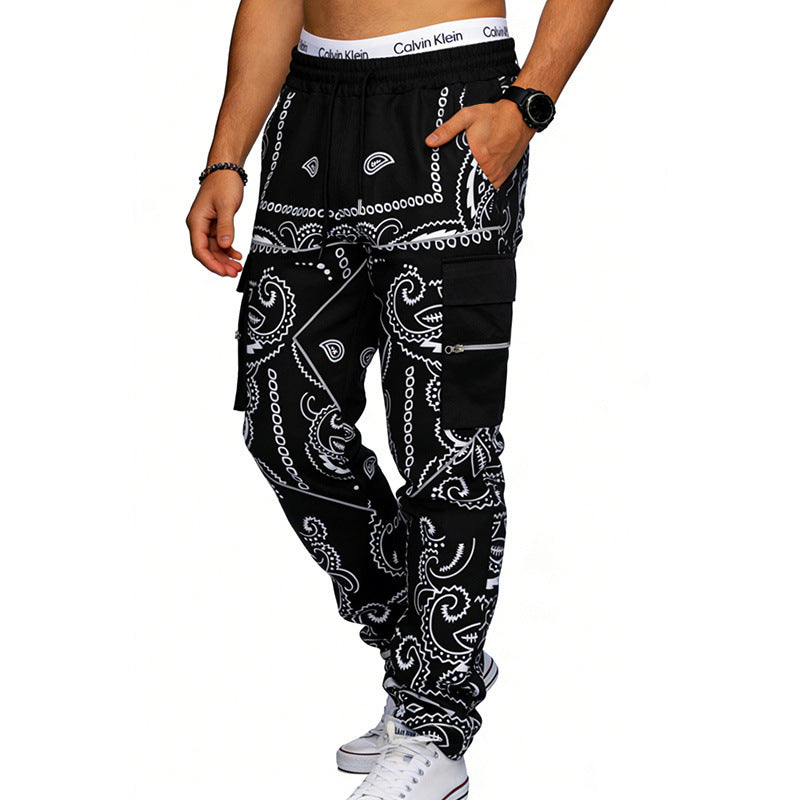 Herren nan Cargo-Jogginghose mit Paisley-Muster, elastischem Bund, multiple Reißverschluss- und Klappentaschen EB