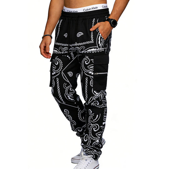 Herren nan Cargo-Jogginghose mit Paisley-Muster, elastischem Bund, multiple Reißverschluss- und Klappentaschen EB