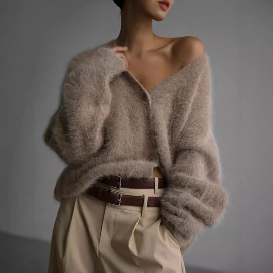Damen weicher Strickcardigan mit luxuriösem Mohair-Anteil und lässigem Schnitt EB